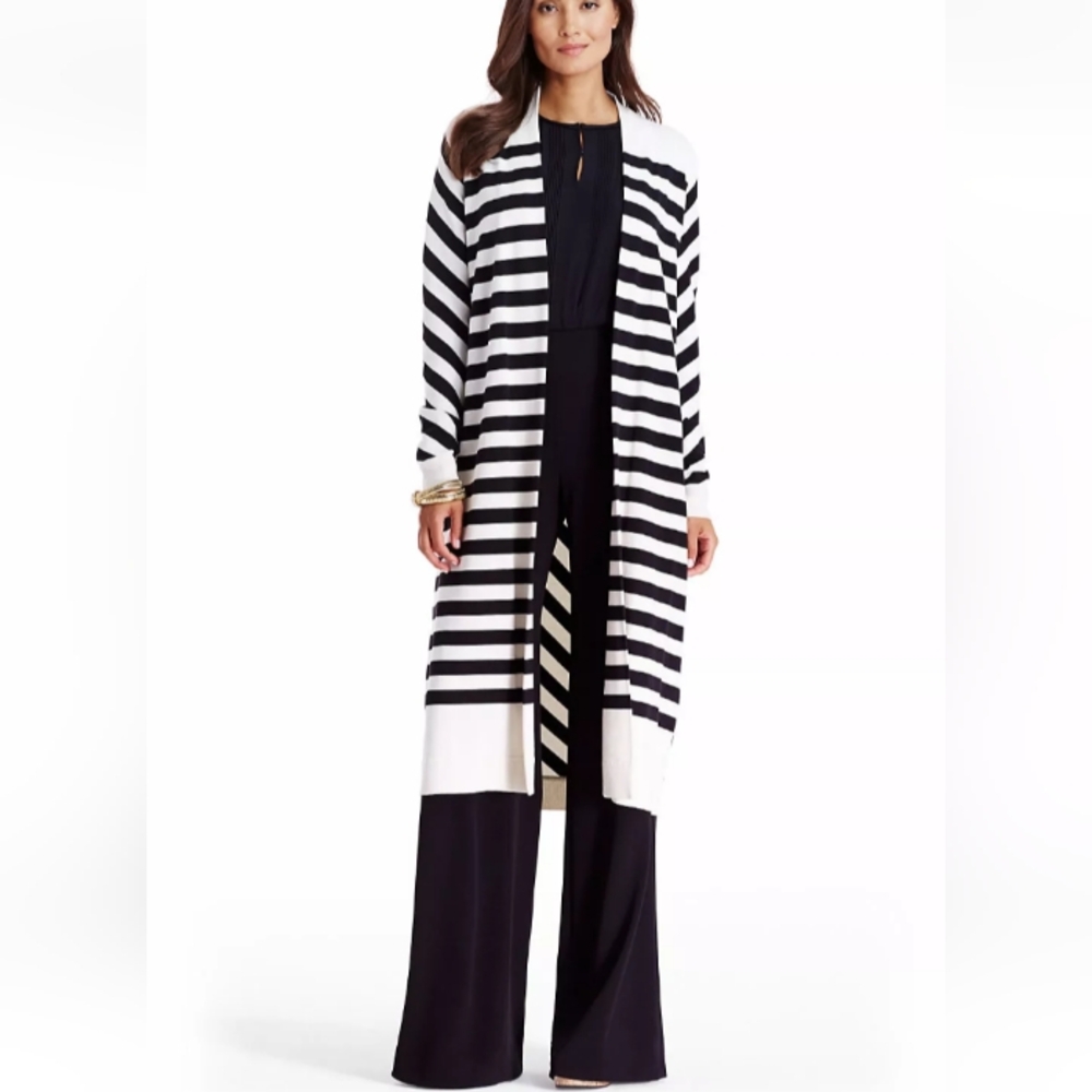 Diane Von Furstenberg Carlisle Silk Blend Striped Longline Open Front Cardigan